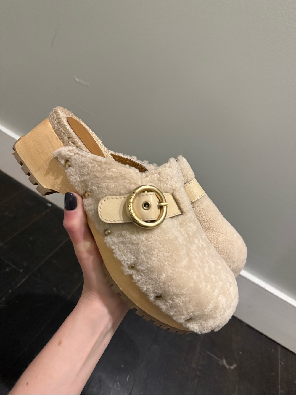 See By Chloe Cream Shearling Clog with Gold Buckle
